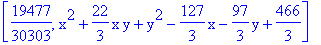 [19477/30303, x^2+22/3*x*y+y^2-127/3*x-97/3*y+466/3]